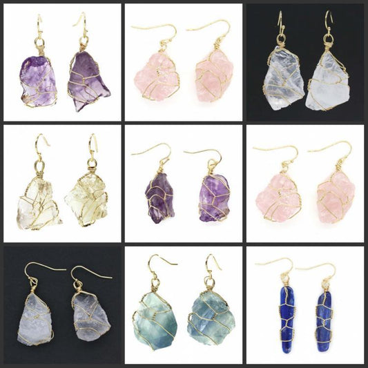 Natural crystal stone gold-plated amethyst and fluorite irregular winding earrings